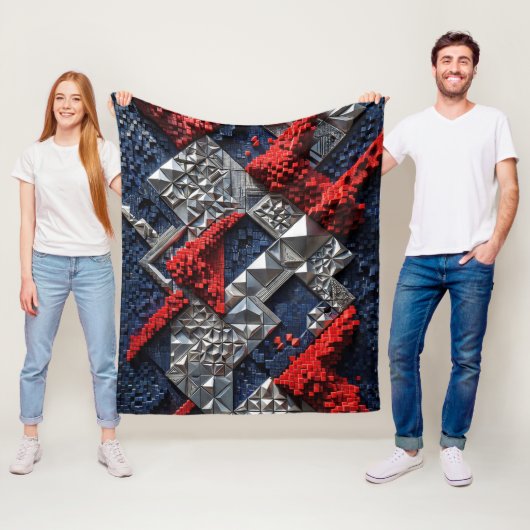 Donkerblauw Levendig Rood Zilveren Micro Mozaïek 3 Fleece Deken (In situ)