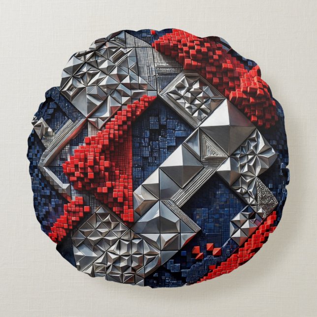 Donkerblauw Levendig Rood Zilveren Micro Mozaïek 3 Rond Kussen (Voorkant)