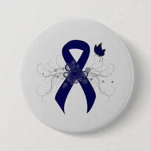 Donkerblauw lint met vlinder ronde button 7,6 cm