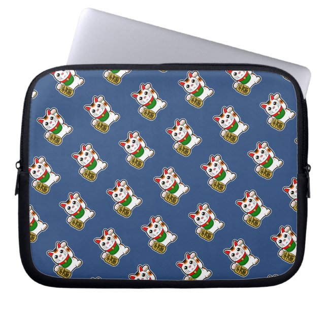 Donkerblauw Lucky Cat Pattern Laptop Sleeve (Voorkant)