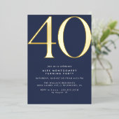 Donkerblauw Marine + Goud | Cool Modern 40th Verja Folie Uitnodiging (Staand Voorkant)