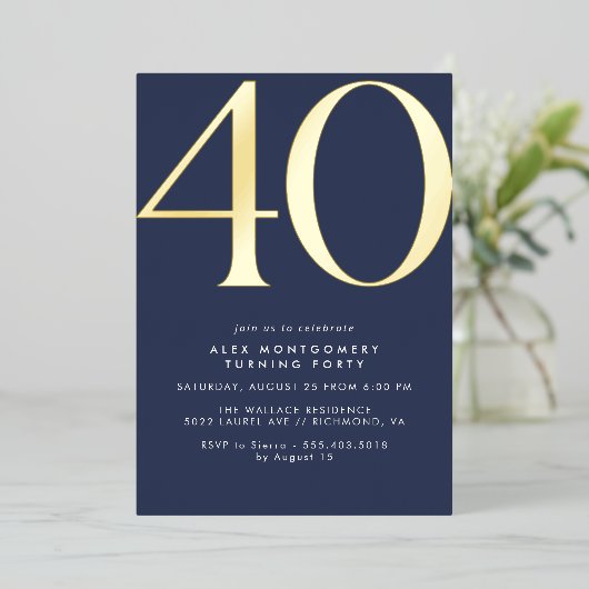 Donkerblauw Marine + Goud | Cool Modern 40th Verja Folie Uitnodiging (Staand Voorkant)