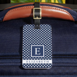  donkerblauw marineblauw wit polka dot bagagelabel
