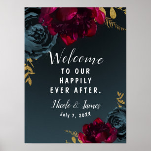 Donkerblauw melancholisch bloemmotief gouden groen poster