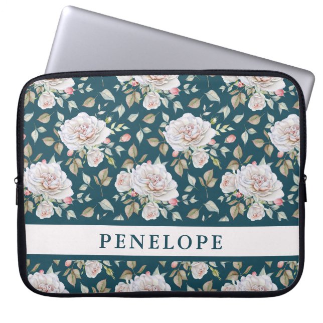 Donkerblauw met bloem en naam laptop sleeve (Voorkant)