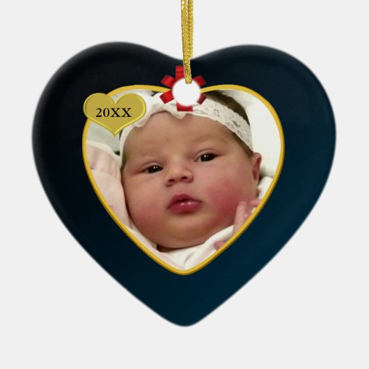 Donkerblauw met de eerste kerstfoto van Red Bow Ba Keramisch Ornament (Voorkant)