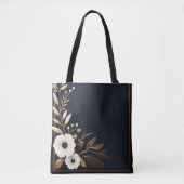 Donkerblauw met gouden en witte bloemen tote bag (Voorkant)