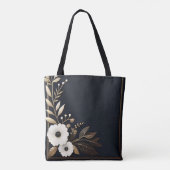 Donkerblauw met gouden en witte bloemen tote bag (Achterkant)