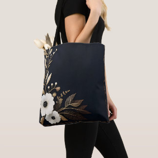Donkerblauw met gouden en witte bloemen tote bag