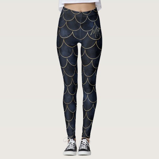 Donkerblauw met Gouden Schalen Gepersonaliseerde Z Leggings (Voorkant)
