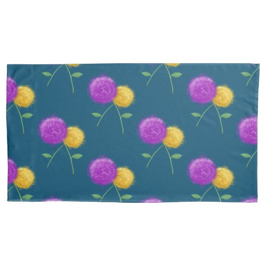 Donkerblauw met Paarse en gele bloem Kussensloop (Voorkant-Links)