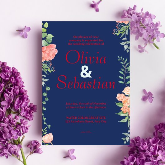 Donkerblauw met rode typografie elegante bruiloft kaart