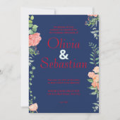 Donkerblauw met rode typografie elegante bruiloft kaart (Voorkant)