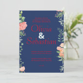 Donkerblauw met rode typografie elegante bruiloft kaart (Staand voorkant)