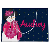 Donkerblauw met roze sneeuwpop groot cadeauzakje (Voorkant)