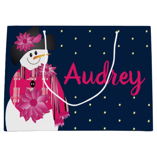 Donkerblauw met roze sneeuwpop groot cadeauzakje (Voorkant)