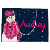 Donkerblauw met roze sneeuwpop groot cadeauzakje (Achterkant)