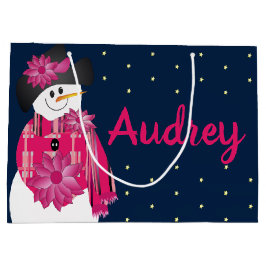 Donkerblauw met roze sneeuwpop groot cadeauzakje