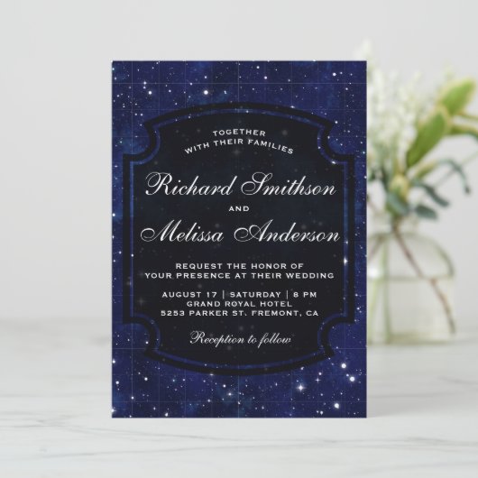 Donkerblauw Midnight Starry Sky bruiloft uitnodigi Kaart (Staand voorkant)