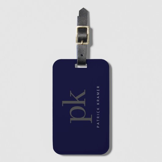 Donkerblauw modern minimalistisch monogram bagagelabel (Voorkant (verticaal))