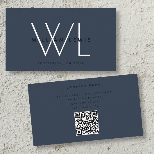 Donkerblauw Monogram Moderne Minimalistische QR-co Visitekaartje