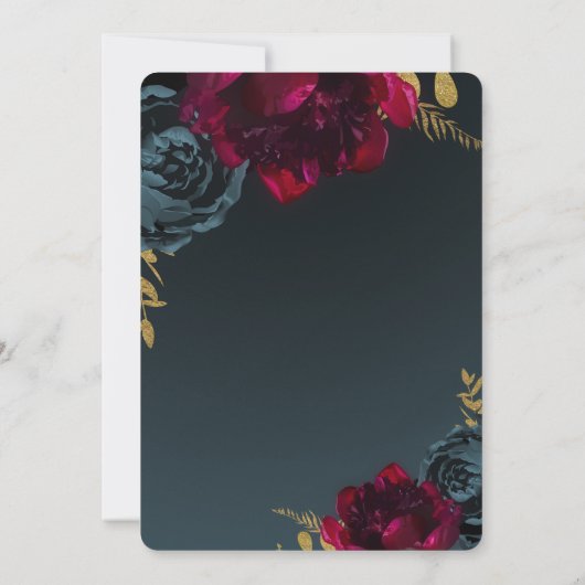 Donkerblauw Moody Bloemen Goud Groen Huwelijk Kaart (Achterkant)