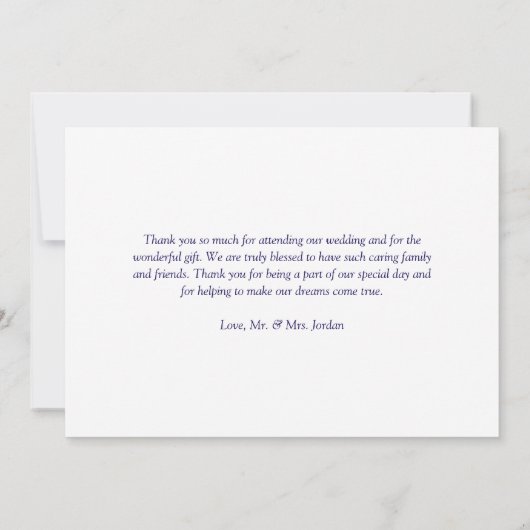 Donkerblauw Mooie Formele Script Wedding Bedankkaart (Achterkant)