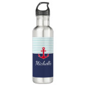 Donkerblauw Nautical Red Anchor, op maat gemaakt Waterfles (Voorkant)