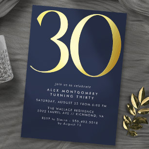 Donkerblauw Navy en Goud Moderne 30e Verjaardag Folie Uitnodiging