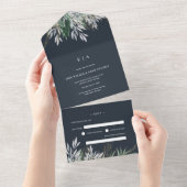 Donkerblauw Navy Waterverf Bladeren Bruiloft   All In One Uitnodiging (Afscheurbaar)