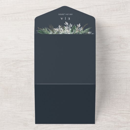 Donkerblauw Navy Waterverf Bladeren Bruiloft   All In One Uitnodiging (Buitenkant)