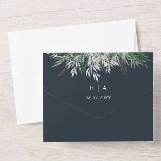 Donkerblauw Navy Waterverf Bladeren Bruiloft   All In One Uitnodiging (Achterkant)