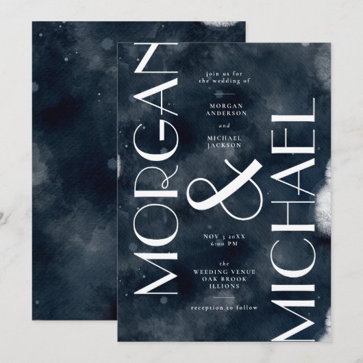 Donkerblauw Navy White Modern Gotische bruiloft In Kaart (Voorkant / Achterkant)