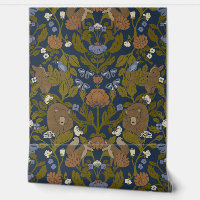 Donkerblauw Navy Woodland Block Print Damask