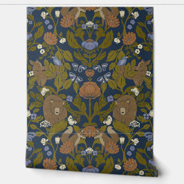 Donkerblauw Navy Woodland Block Print Damask Behang