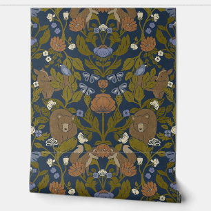 Donkerblauw Navy Woodland Block Print Damask Behang
