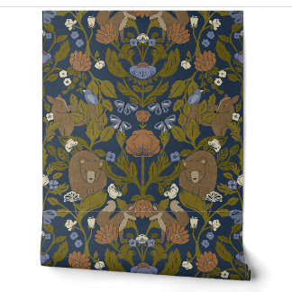 Donkerblauw Navy Woodland Block Print Damask Behang