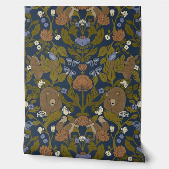 Donkerblauw Navy Woodland Block Print Damask Behang (Afrollen)