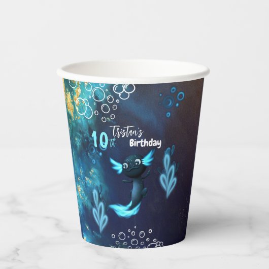Donkerblauw Neon Axolotl Verjaardagsfeest Papieren Bekers (Voorkant)
