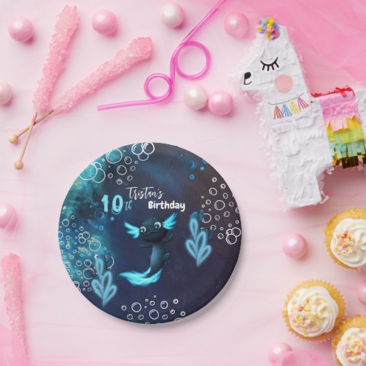 Donkerblauw Neon Axolotl Verjaardagsfeest Papieren Bordje (Feest)