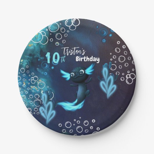 Donkerblauw Neon Axolotl Verjaardagsfeest Papieren Bordje (Voorkant)