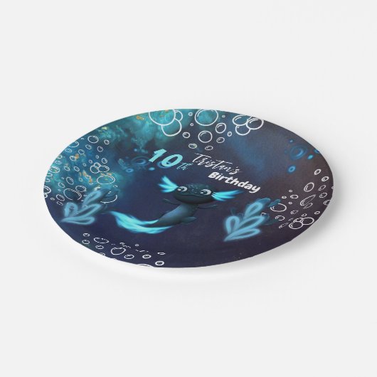 Donkerblauw Neon Axolotl Verjaardagsfeest Papieren Bordje (Gekanteld)