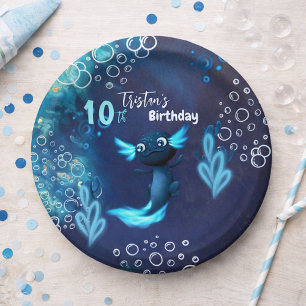 Donkerblauw Neon Axolotl Verjaardagsfeest Papieren Bordje