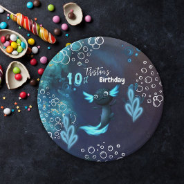 Donkerblauw Neon Axolotl Verjaardagsfeest Papieren Bordje