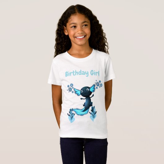 Donkerblauw Neon Axolotl Verjaardagsfeest T-shirt (Voorkant volledig)