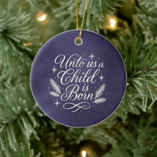 Donkerblauw Onto Us a Child is Born Zilveren Schri Keramisch Ornament