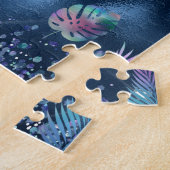 Donkerblauw ontwerp met turquoise en roze bladeren legpuzzel (Zijkant)