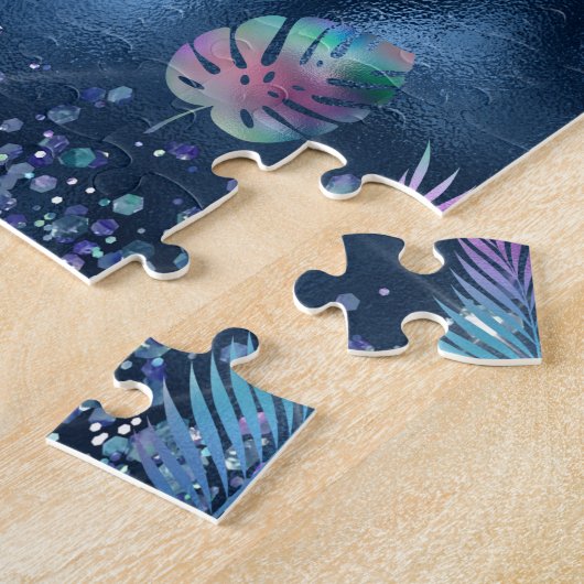 Donkerblauw ontwerp met turquoise en roze bladeren legpuzzel (Zijkant)