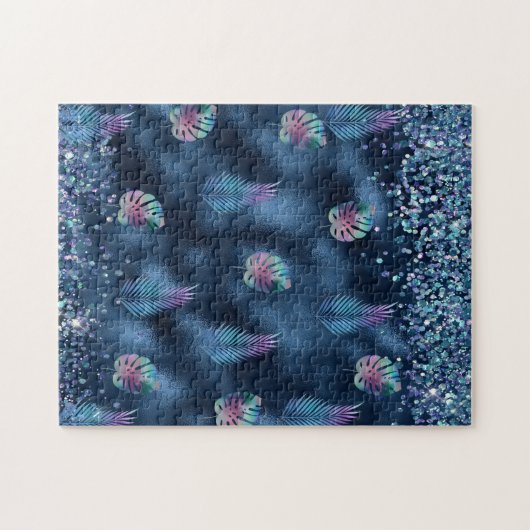 Donkerblauw ontwerp met turquoise en roze bladeren legpuzzel (Horizontaal)