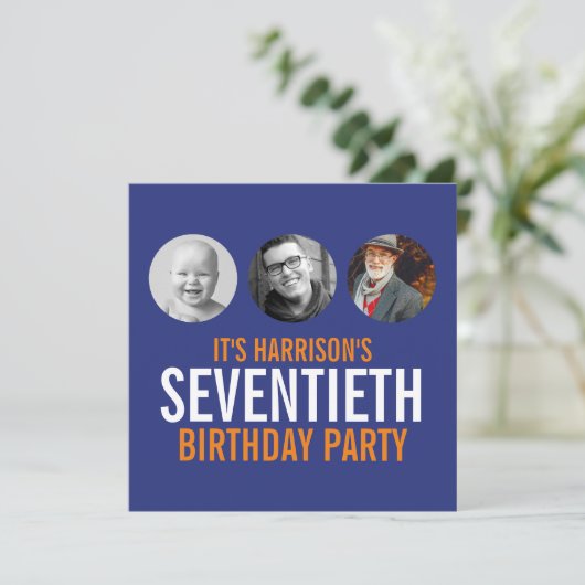 Donkerblauw oranje 70e fotoverjaardagsuitnodiging kaart (Staand voorkant)